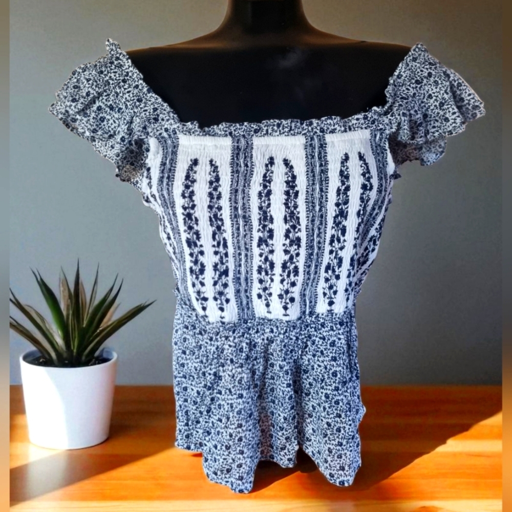 Sim & Sam Floral Off-Shoulder Baby Doll Ruffled Top - Navy and White